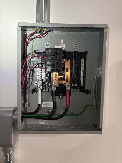 Interior view of newly installed 125 amp sub-panel showing feeder, breakers, and grounding